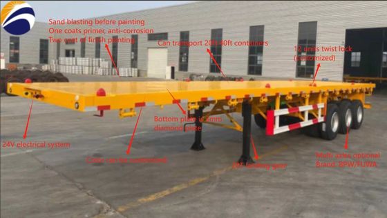 Container di spedizione semirimorchio a letto piatto con 12 set di serratura a torsione e 0 tonnellate di carico massimo