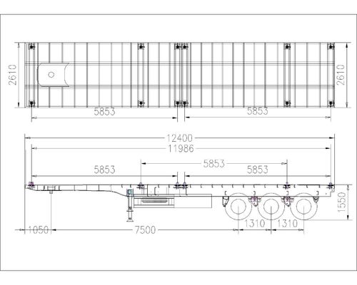 12400*2610*1550mm piattaforma di trasporto di container a 40 piedi, semi-remolchio a letto piatto