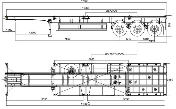 Container Trailer 3 axle Skeleton Semi-trailer Chassis con carico utile massimo di 50 tonnellate