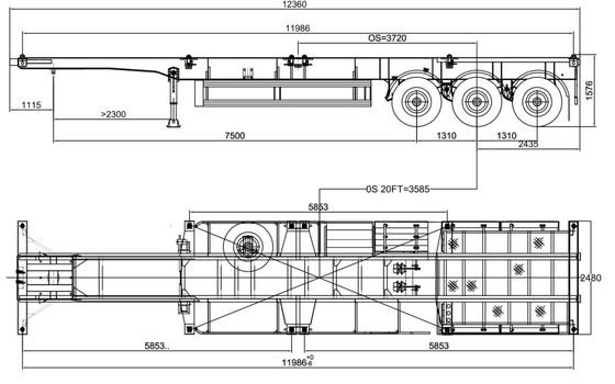 Q345B Traverse 3 assi 50t Semi-remolchio scheletrico per 40 45 48 53FT Container Chassis